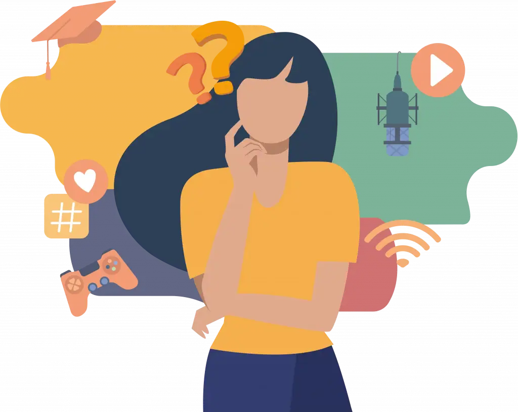 Grafik zum Mebion Angebot des LMZ. Eine grafisch dargestellte weibliche Person mit fragendem Ausdruck. 